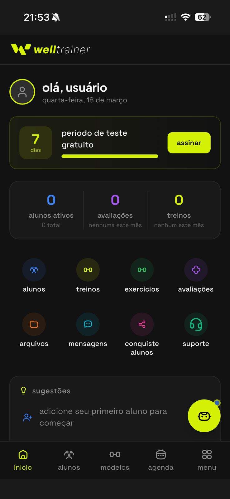 Dashboard do Welltrainer mostrando a tela inicial do app para personal trainer