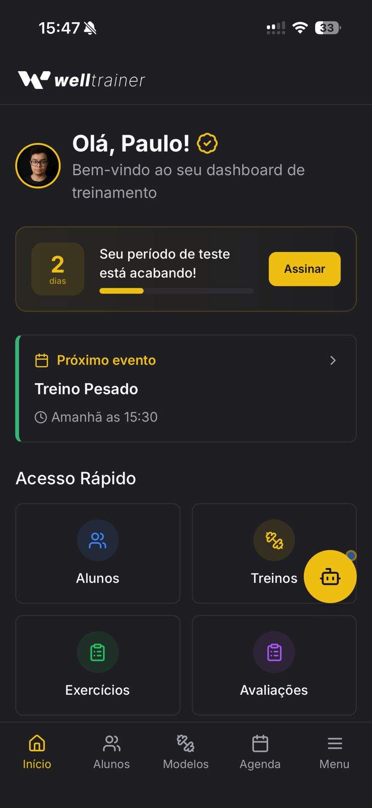 Dashboard do Welltrainer mostrando a tela inicial do app para personal trainer