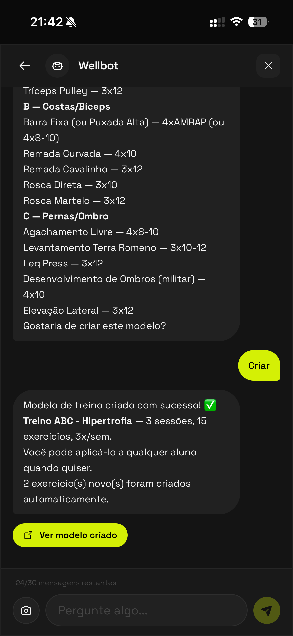 Wellbot IA criando modelo de treino ABC automaticamente no app Welltrainer