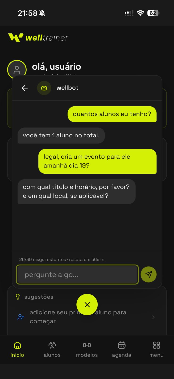 Wellbot assistente IA conversando com o personal