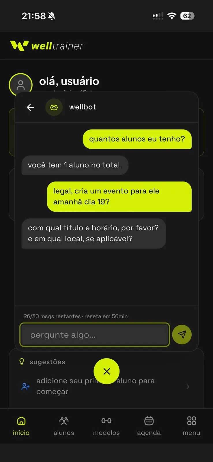 Wellbot assistente IA conversando com o personal