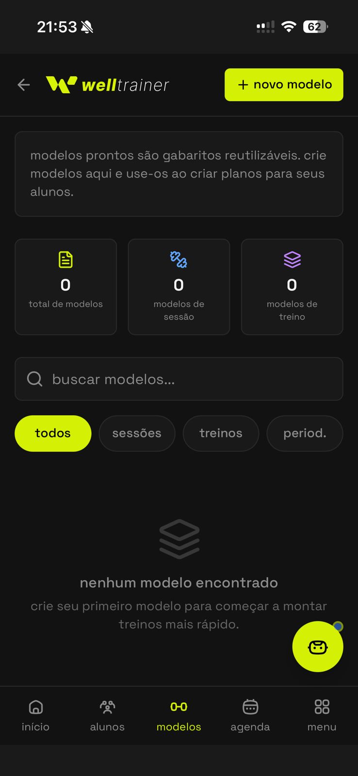 Tela de modelos de treino com busca e filtros