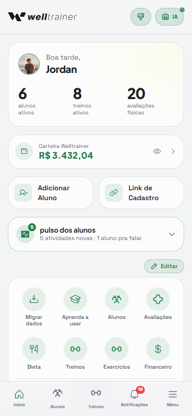 Dashboard do personal trainer no Welltrainer com metricas de alunos ativos, treinos e financeiro