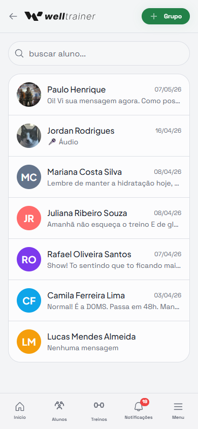 Central de mensagens do personal trainer no Welltrainer