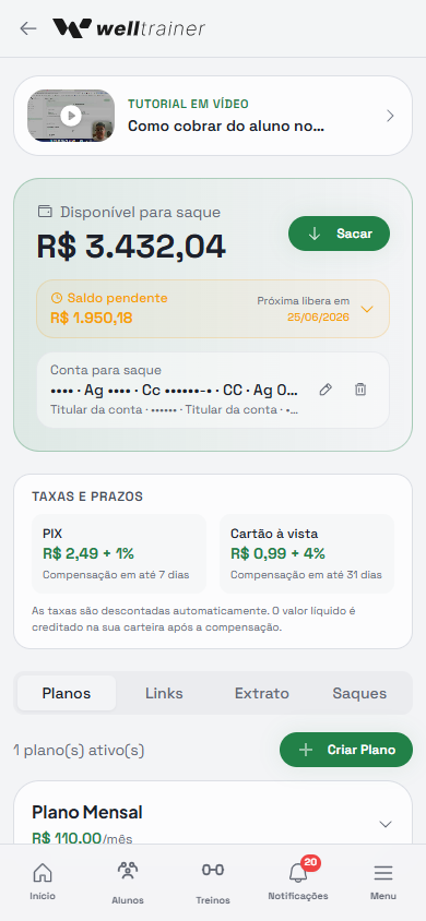 Controle financeiro do personal trainer no Welltrainer com planos, links de pagamento e extrato