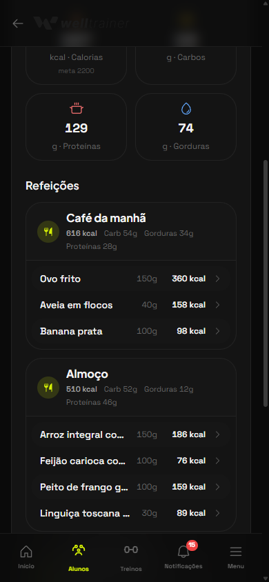 Tela de dieta com macros e refeições no app Welltrainer