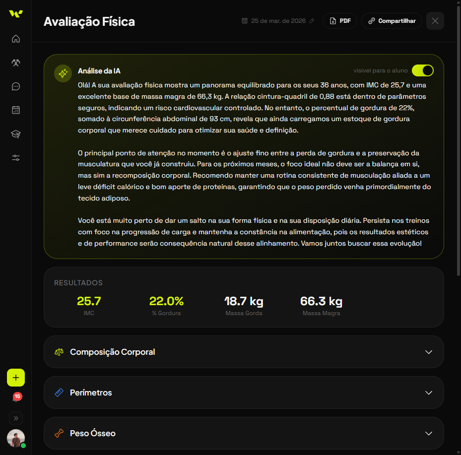 Tela de avaliação física com análise da IA no app Welltrainer