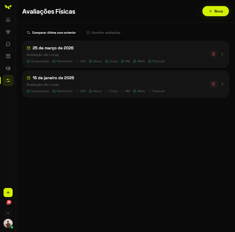 Protocolos da avaliação física no app Welltrainer