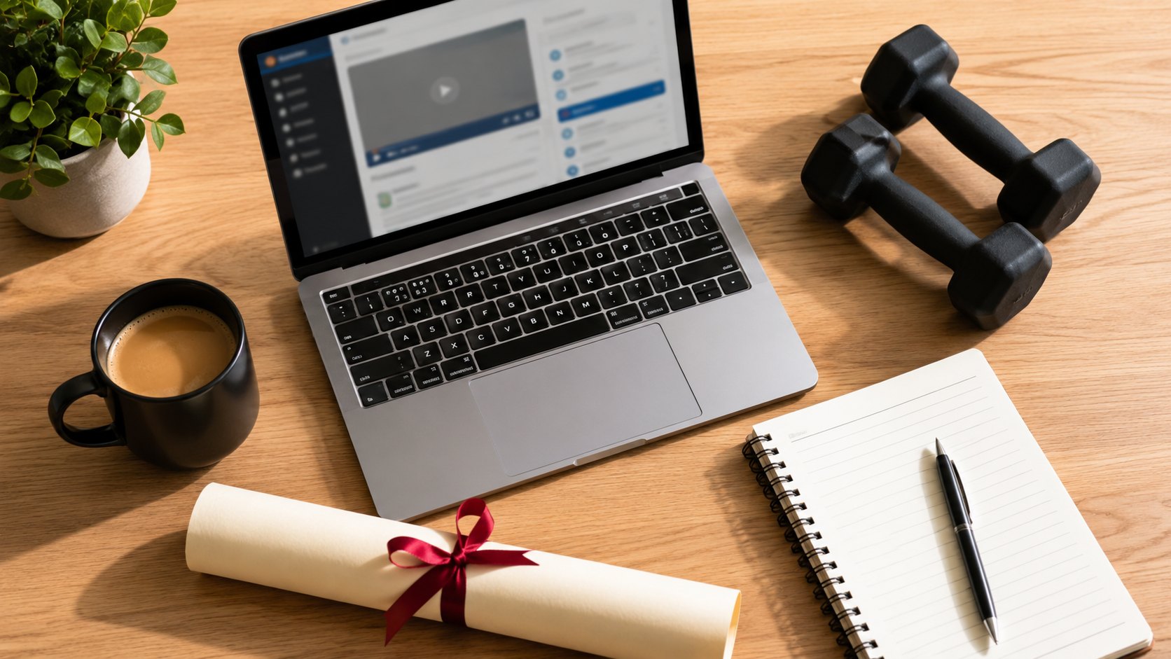 Mesa de estudo com laptop, diploma e halteres representando certificacoes para personal trainer
