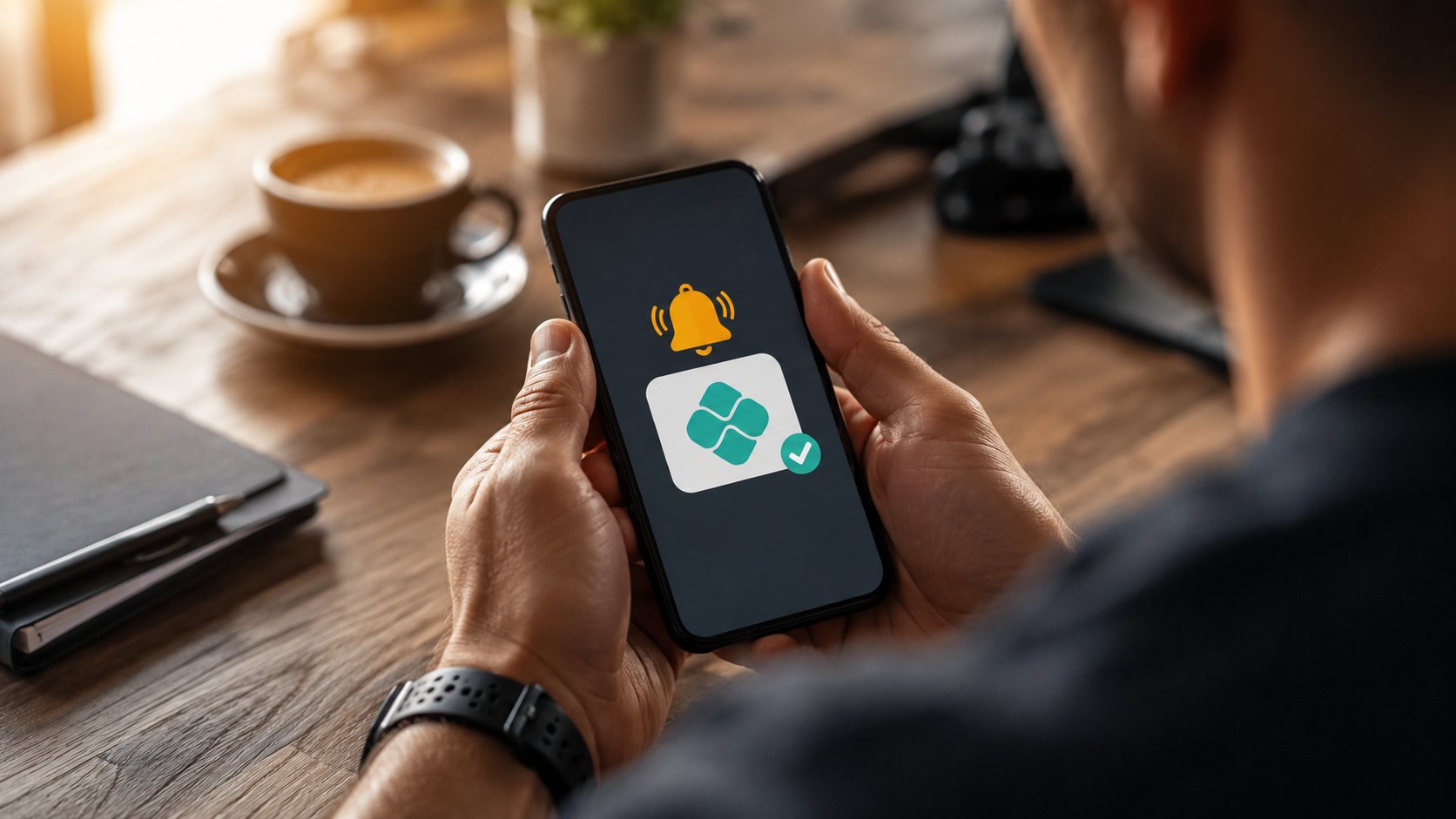 Maos com celular mostrando lembrete de pagamento por Pix, como cobrar aluno que atrasa