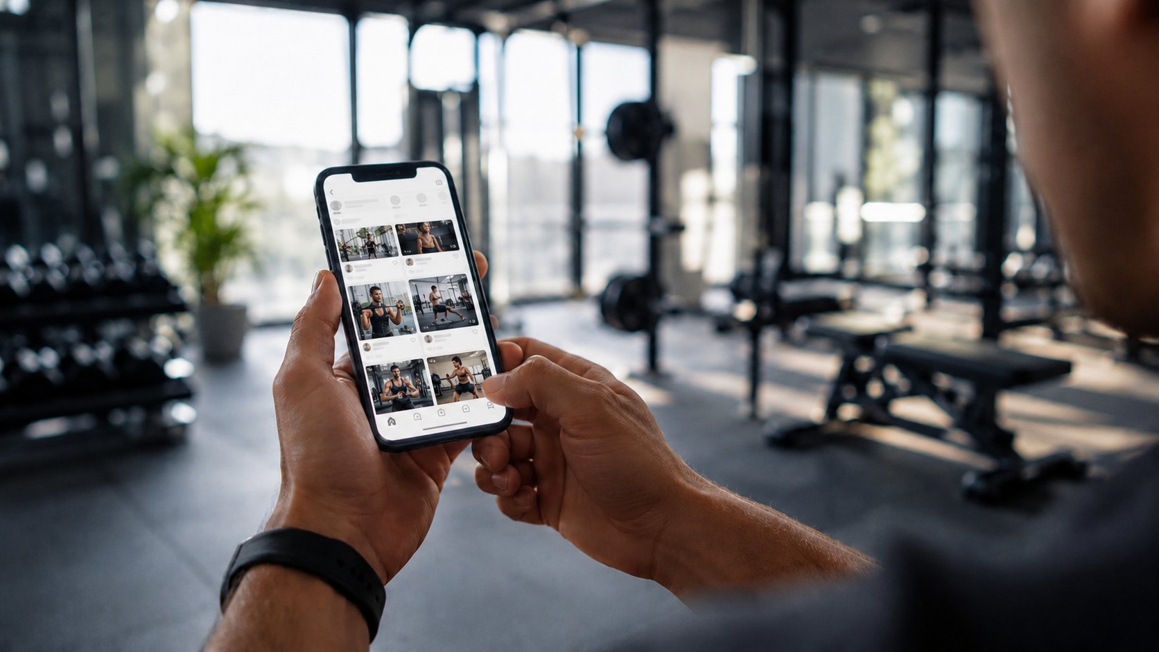 Personal trainer segurando celular com feed fitness numa academia, vendendo treino online pelo Instagram