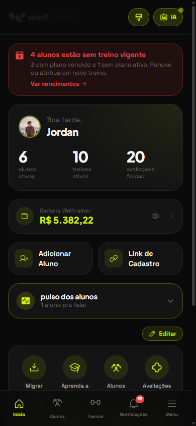 Dashboard do personal no app Welltrainer
