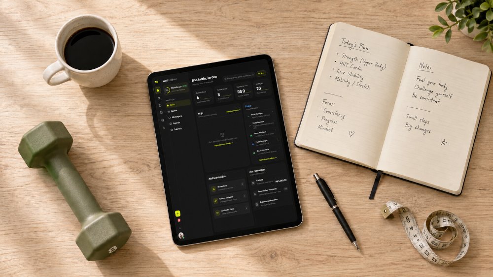 Painel de gestão de alunos do Welltrainer no tablet