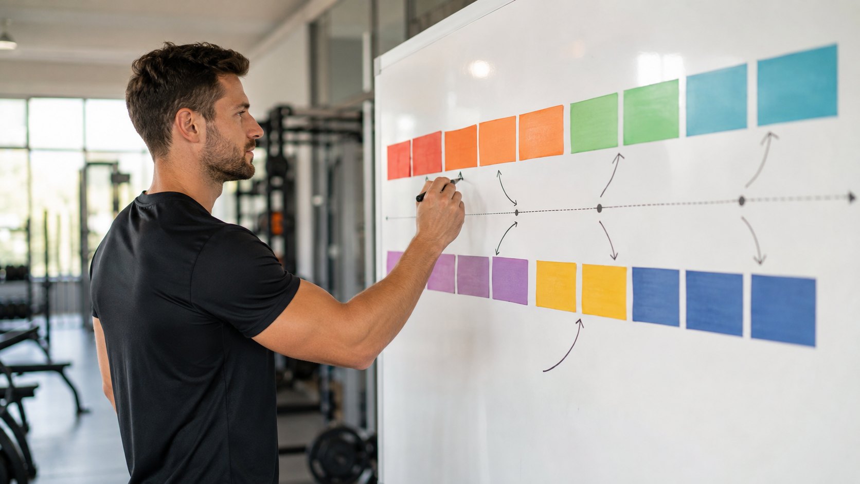 Personal trainer desenhando fases de treino em blocos coloridos no quadro branco, periodizacao de treino