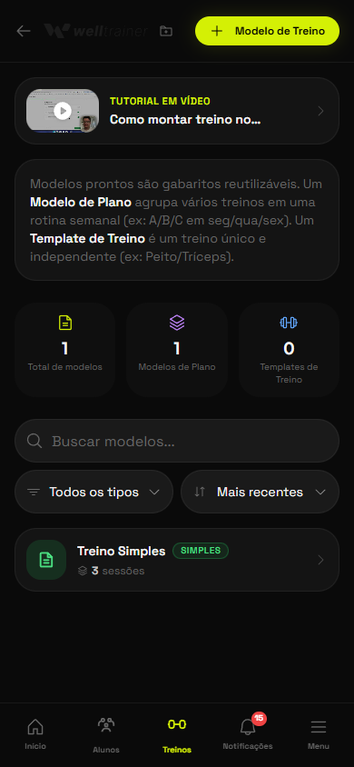 Tela de treinos do app Welltrainer no celular