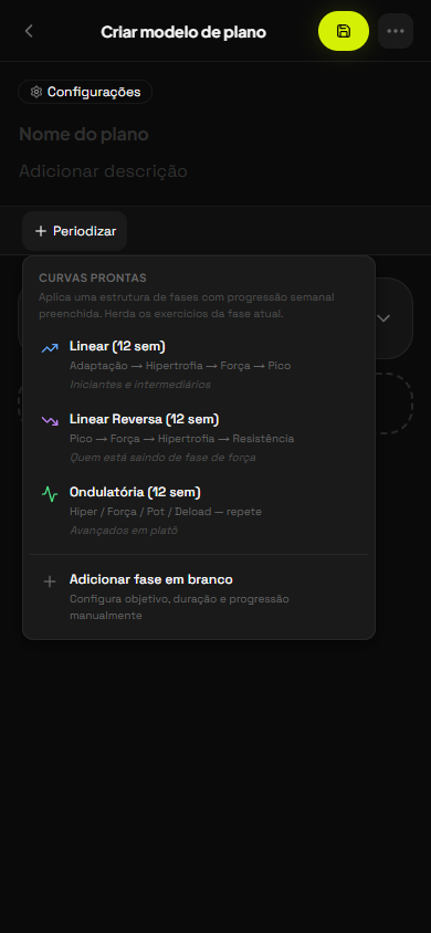 Tela de periodização de treino no app Welltrainer