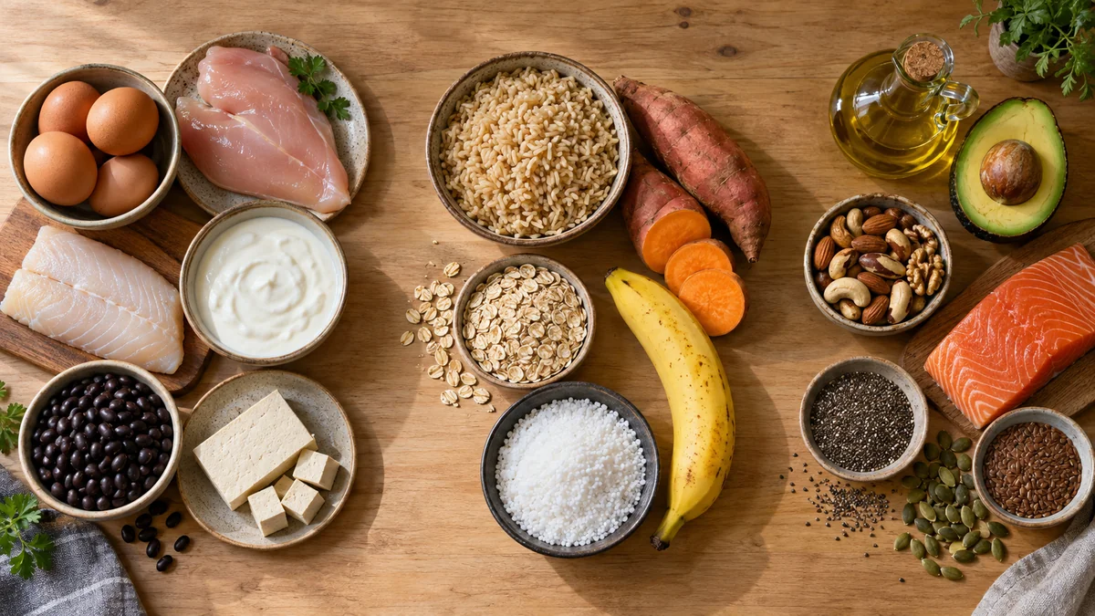 Alimentos crus separados em três grupos sobre a mesa: proteínas, carboidratos e gorduras