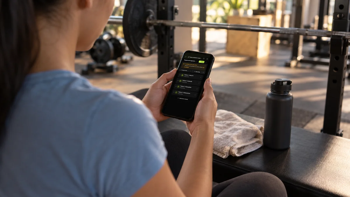 Aluna sentada no banco da academia abre o treino no celular antes de começar a série, com o treino dividido em sessões A, B, C e D