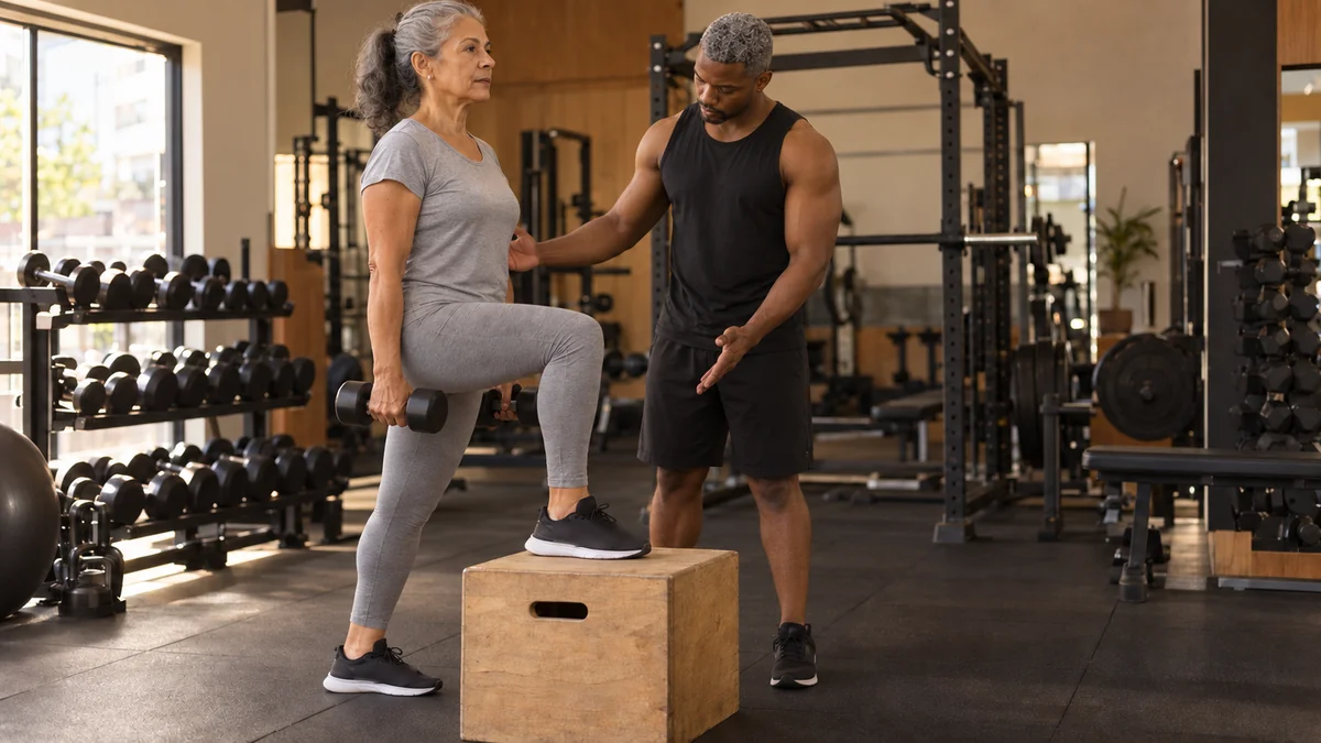 Aluna de cerca de 58 anos faz subida no caixote com halteres enquanto o personal trainer acompanha de perto