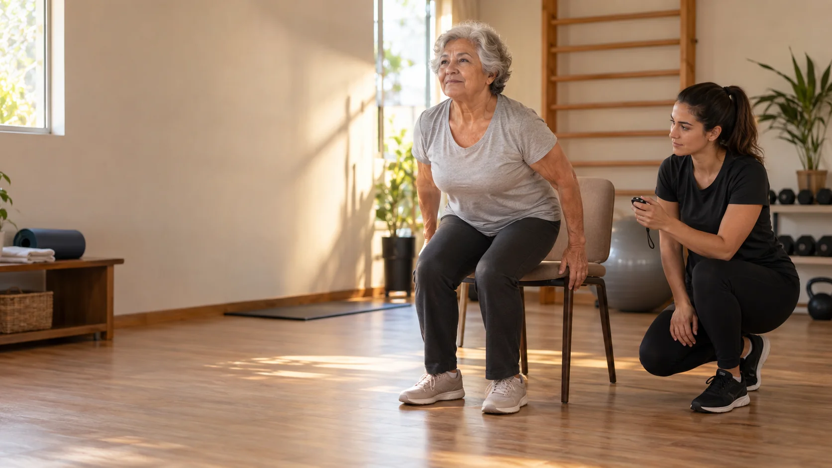 Aluna idosa levantando da cadeira no teste de sentar e levantar, acompanhada de perto pela personal trainer com cronometro