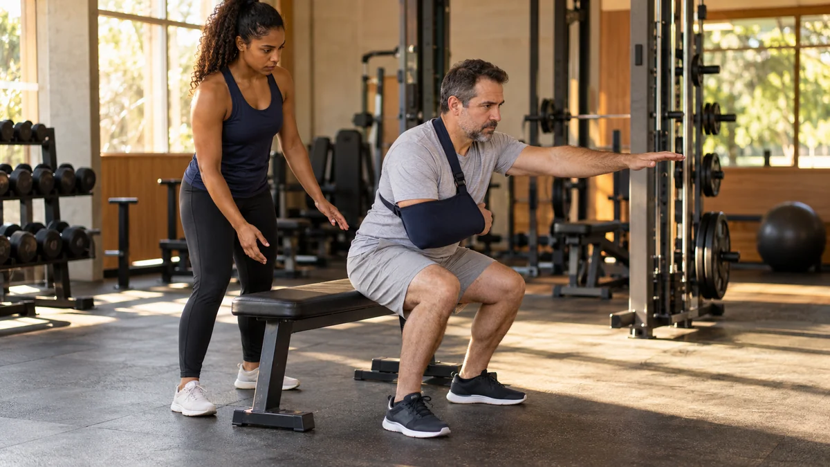 Aluno com o braço na tipoia faz agachamento até o banco enquanto a personal trainer acompanha de perto