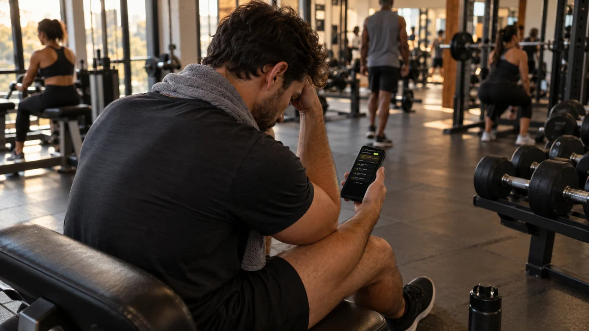 Aluno com a toalha no pescoço, desanimado, olha o treino no celular sentado no banco, com a academia cheia ao redor