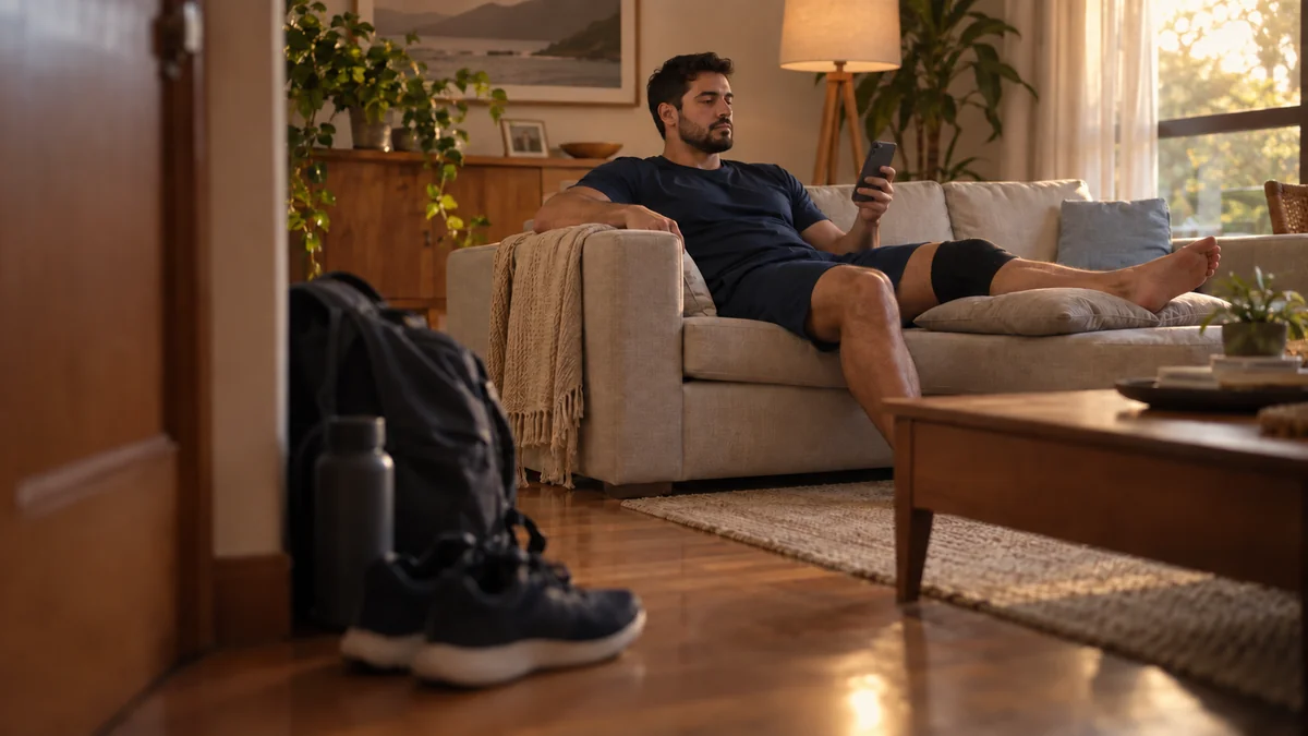 Aluno com joelheira descansa no sofá de casa enquanto a mochila e o tênis de treino ficam parados ao lado da porta