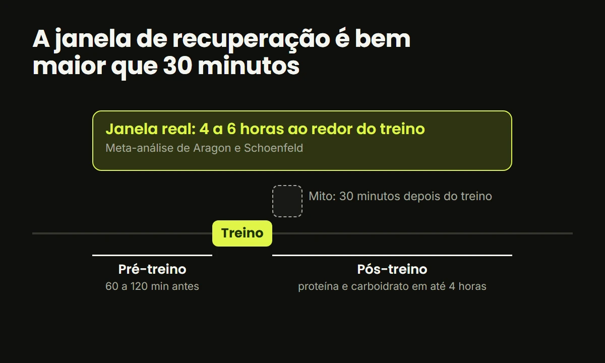 Diagrama da janela de recuperação: pré-treino de 60 a 120 minutos antes e pós-treino em até 4 horas, bem mais que o mito dos 30 minutos