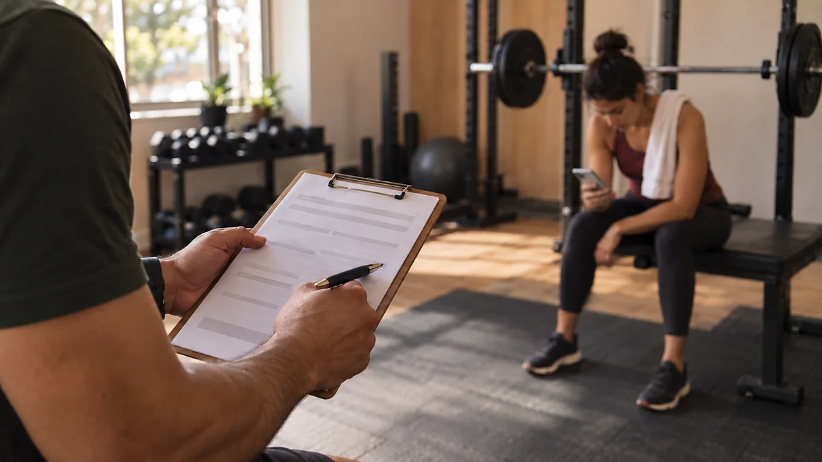 Em primeiro plano, o personal trainer segura a ficha de presença; ao fundo, a aluna sentada no banco olha o celular, desanimada