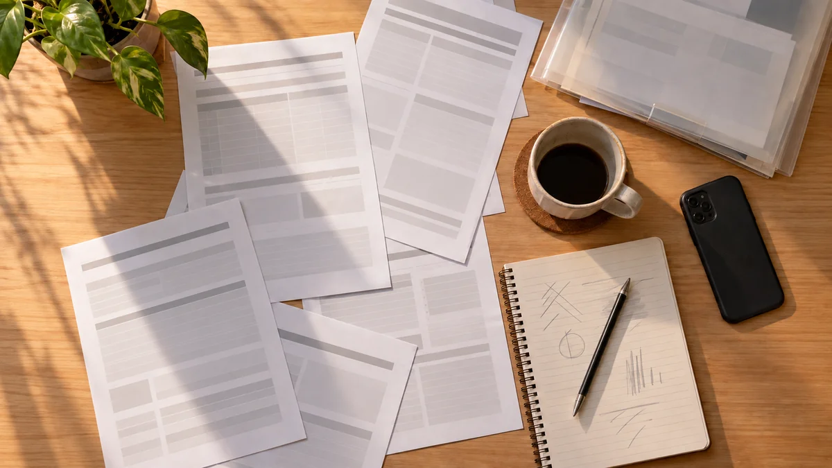 Fichas de treino impressas espalhadas na mesa do personal ao fim do dia, com caderno, café e celular virado