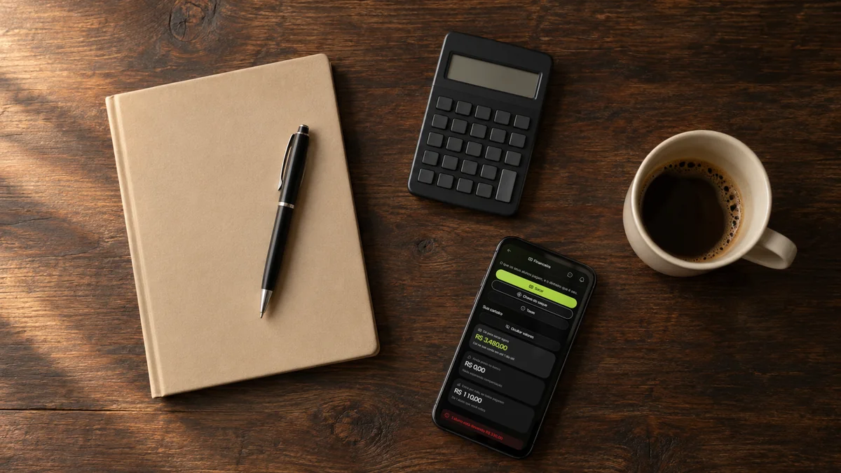 Mesa com caderno, calculadora e café ao lado do celular aberto no financeiro da Welltrainer, que avisa que um aluno está devendo R$ 330,00