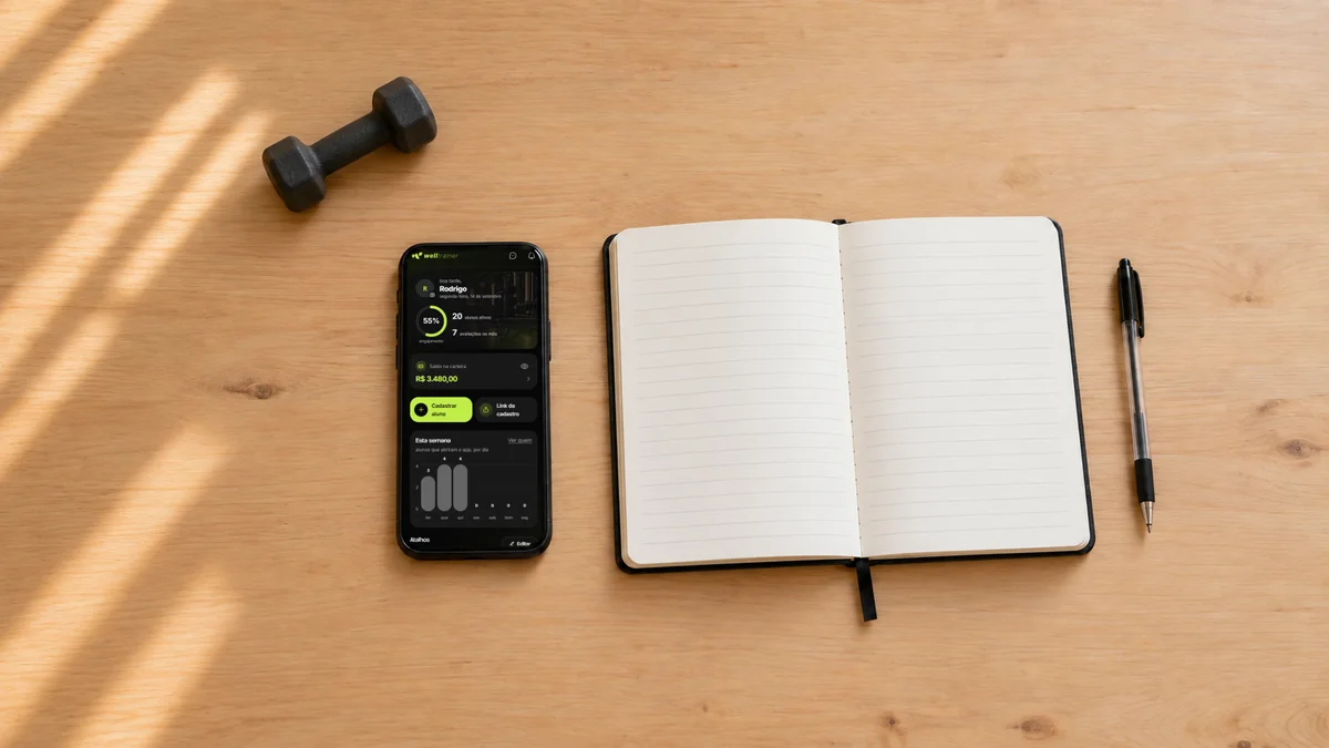 Mesa com poucos itens: celular aberto no painel da Welltrainer, caderno em branco, caneta e um halter pequeno