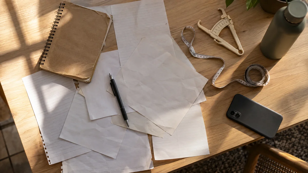 Folhas soltas, caderno gasto, adipômetro, fita métrica e celular virado espalhados sobre a mesa do personal
