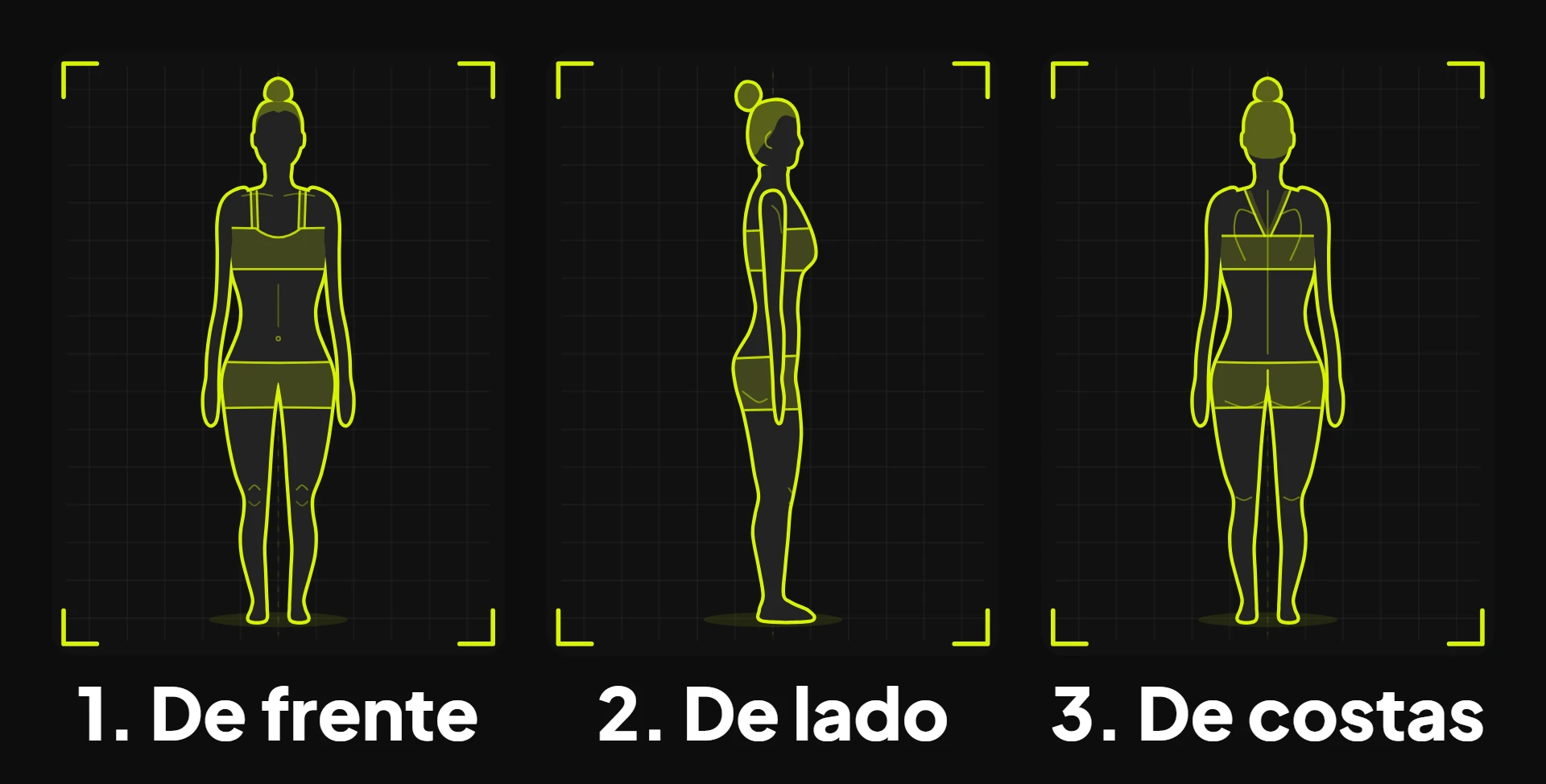 Modelo de fotos para avaliação física com as poses de frente, de lado e de costas, versão feminina