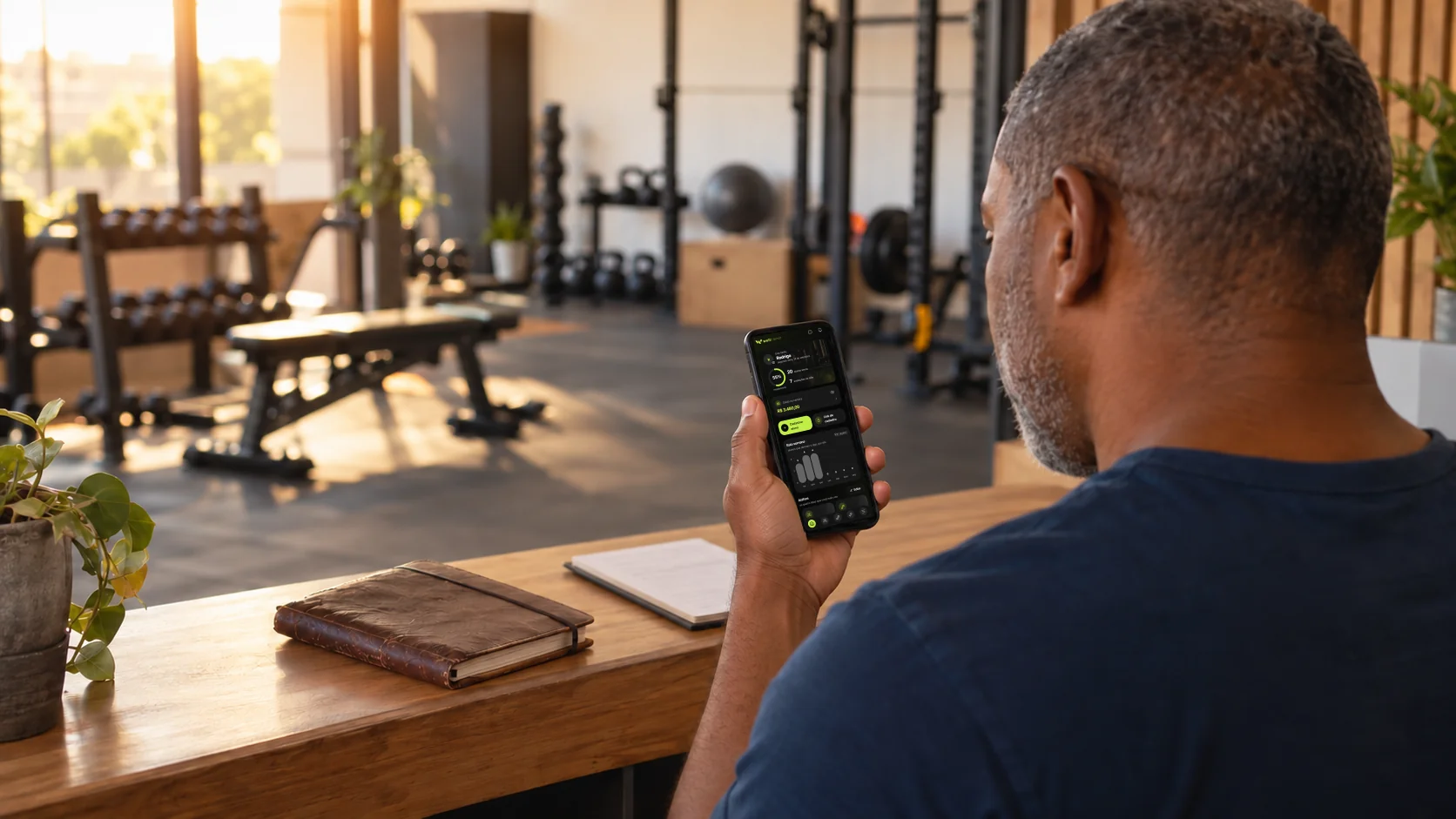Por cima do ombro, o personal trainer confere no painel da Welltrainer os alunos ativos, o engajamento e o saldo, com a agenda de papel deixada de lado na bancada