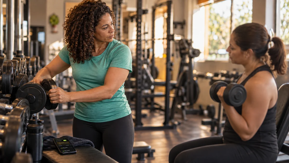 Personal trainer pega um halter mais pesado enquanto observa a aluna na rosca, com o celular aberto no programa de treino da Welltrainer sobre o banco