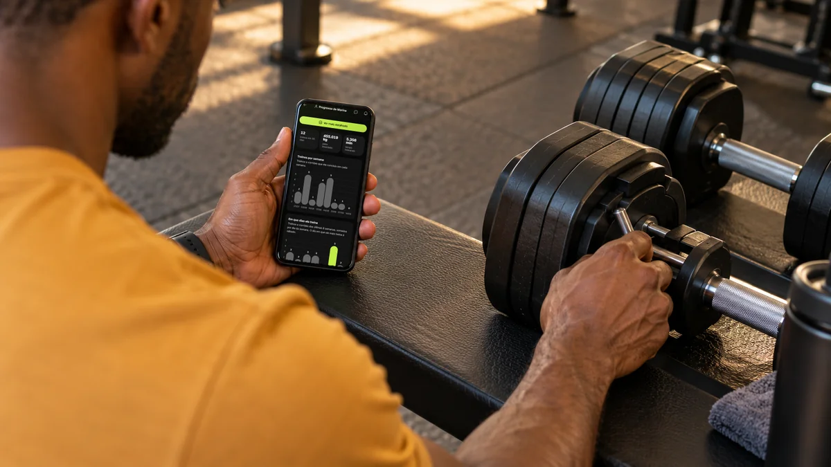 Personal trainer ajusta a carga de um halter enquanto confere no celular o progresso do aluno na Welltrainer, com peso levantado e treinos por semana