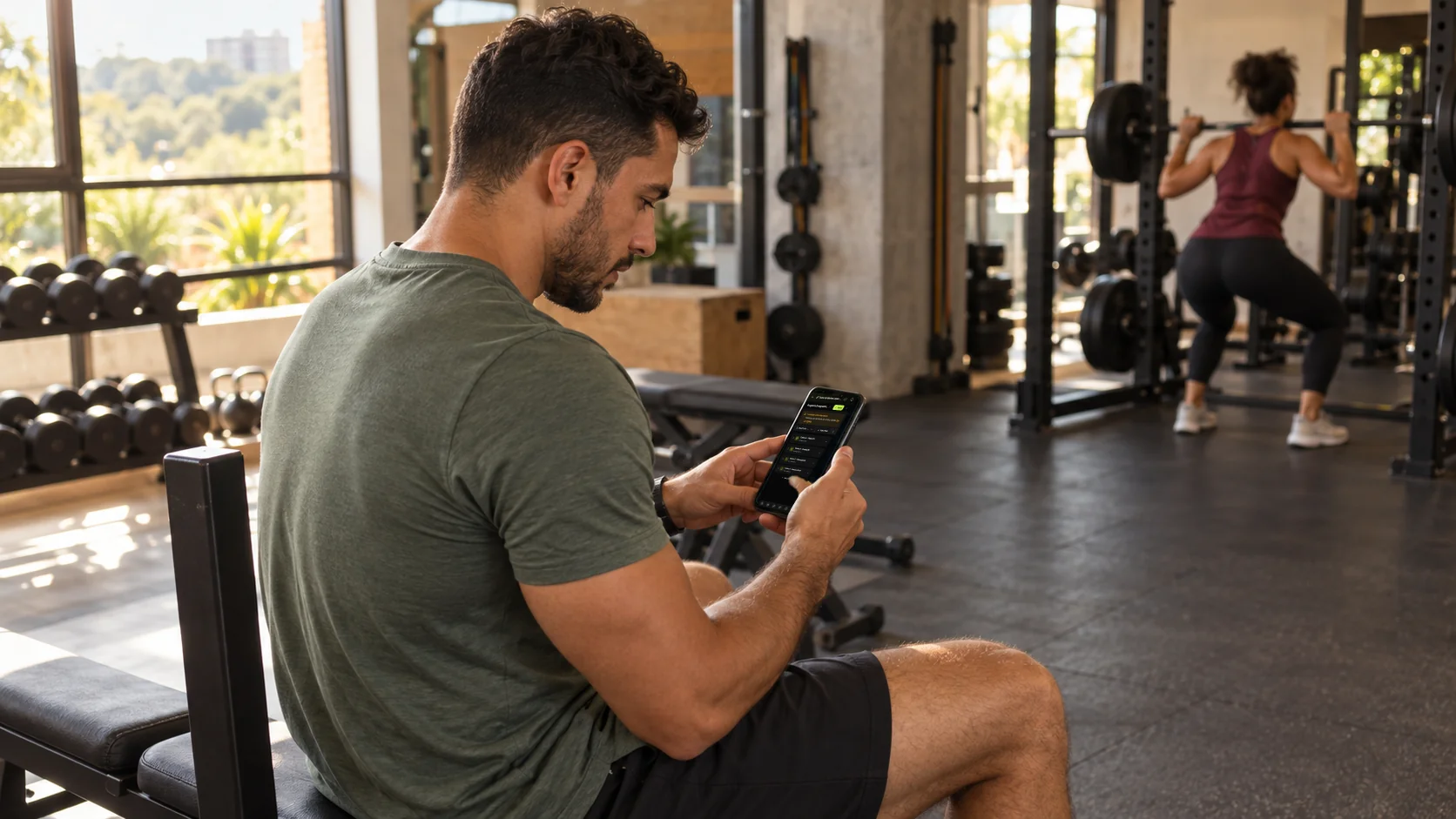 Personal trainer sentado no banco ajusta no celular o programa de treino da aluna, que faz agachamento ao fundo, no app da Welltrainer