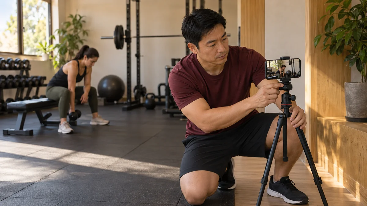 Personal trainer ajusta o celular no tripé para gravar um vídeo curto na academia, com uma aluna treinando ao fundo