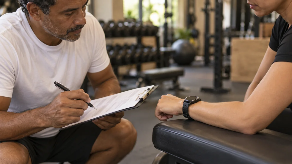 Personal trainer anota na prancheta enquanto a aluna, com relógio esportivo no pulso, descansa o braço no banco