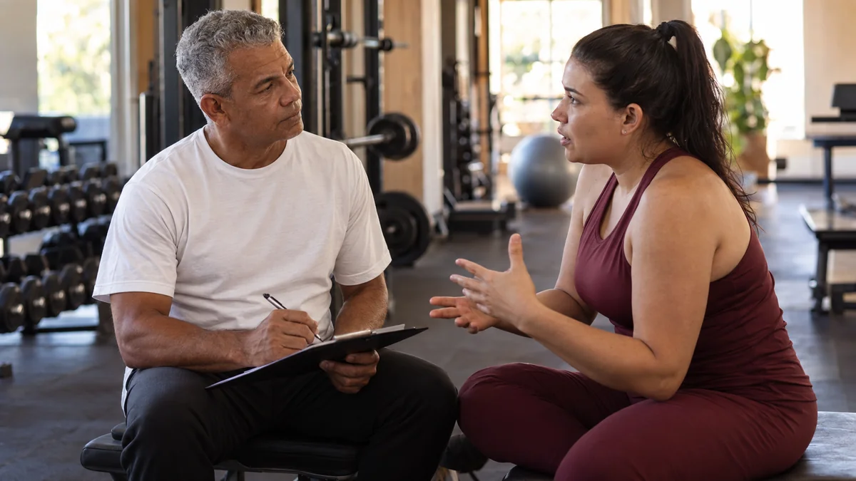Personal trainer anota na prancheta enquanto a aluna explica sua rotina e limitações antes de montar a ficha