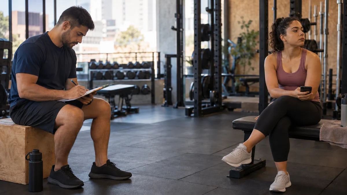 Personal trainer de cabeça baixa anota na prancheta enquanto a aluna, sentada longe, olha para o lado com o celular na mão