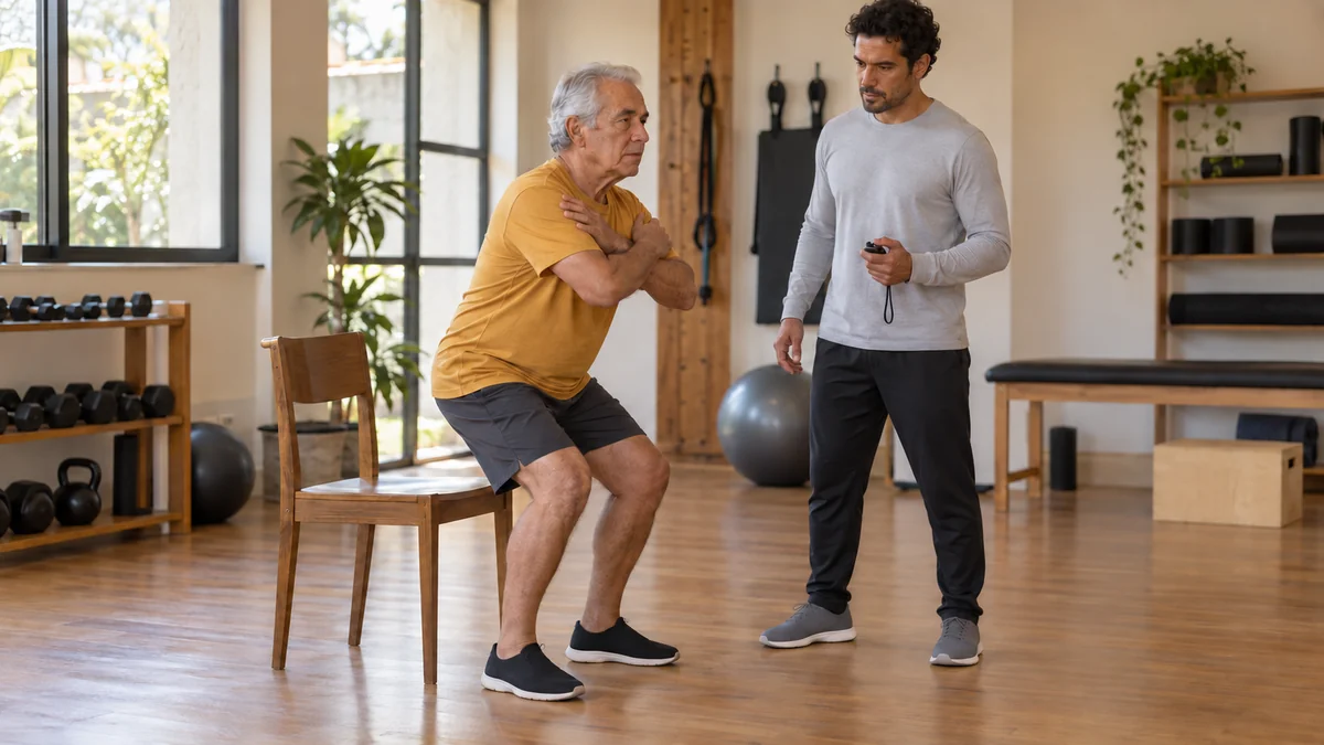Personal trainer cronometra um aluno idoso fazendo o teste de sentar e levantar da cadeira com os braços cruzados