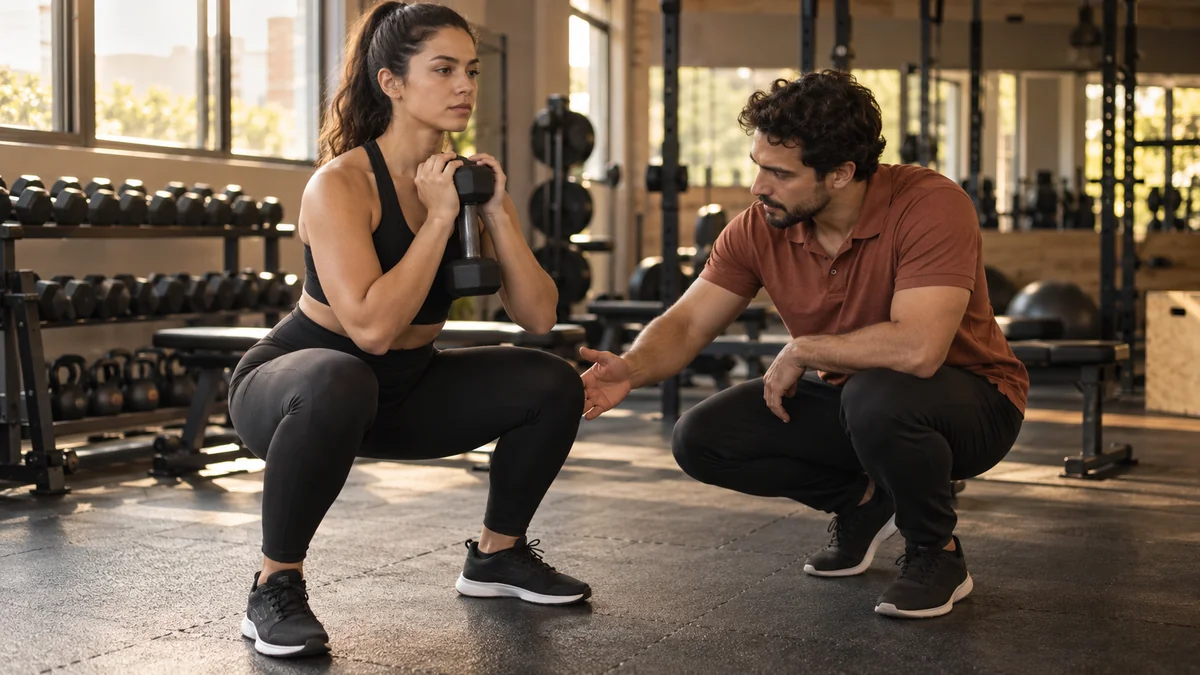 Personal trainer agachado ao lado da aluna observa de perto o alinhamento do joelho durante o agachamento com halter