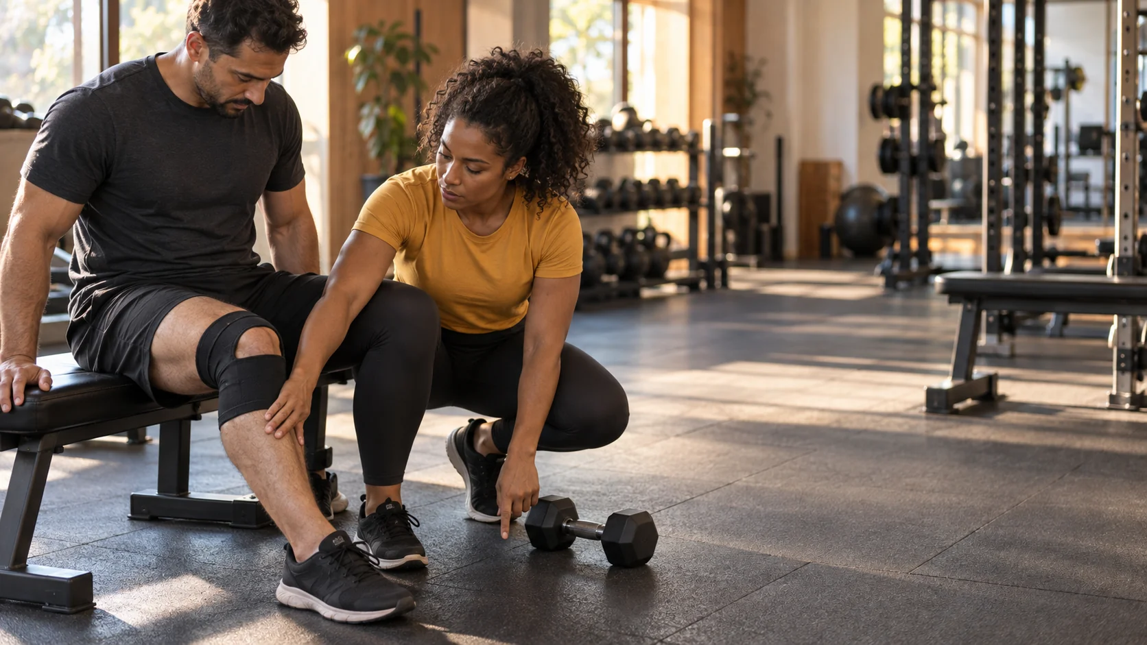 Personal trainer agachada conferindo o joelho com faixa do aluno e indicando um halter mais leve para adaptar o treino