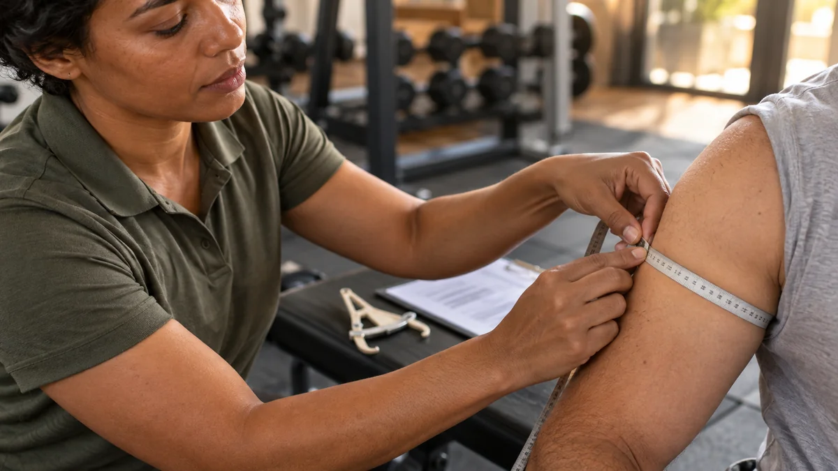Personal trainer mede o braço do aluno com fita métrica, com adipômetro e ficha no banco ao lado, antes de montar o treino