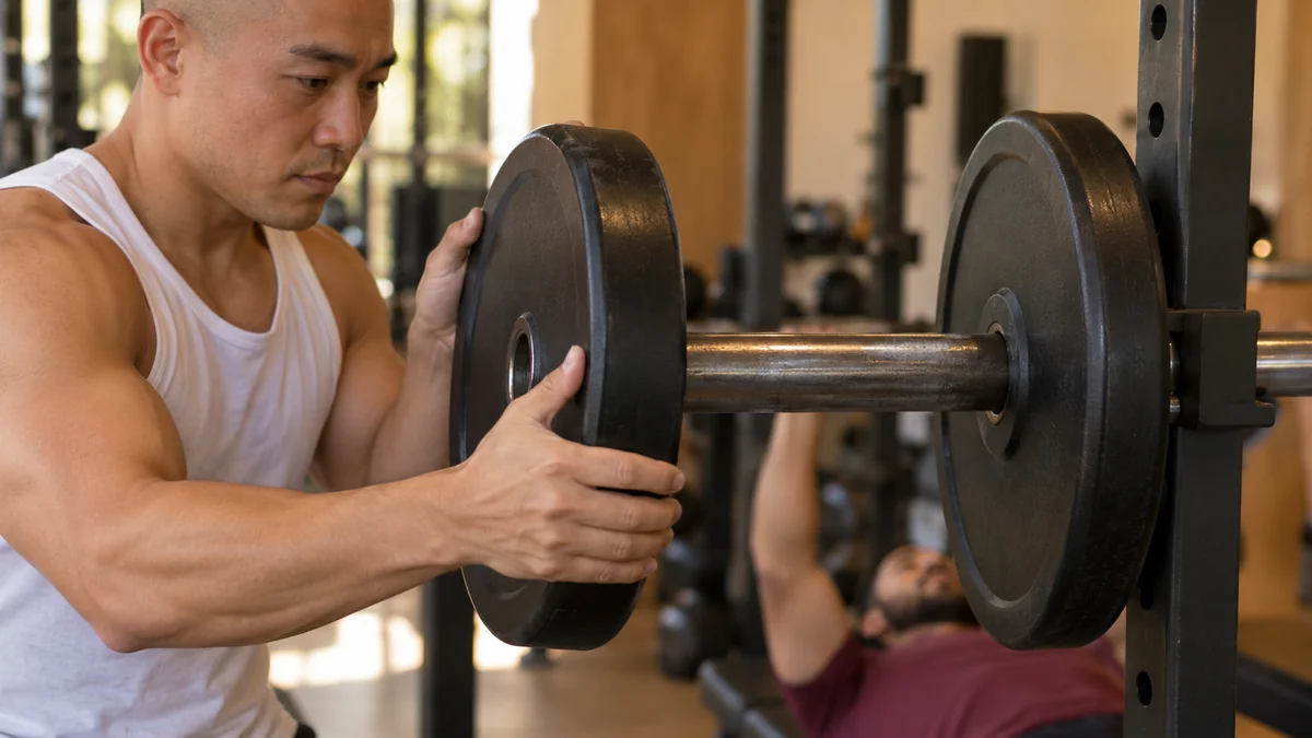 Personal trainer encaixa uma anilha nova na barra enquanto o aluno espera deitado no banco do supino