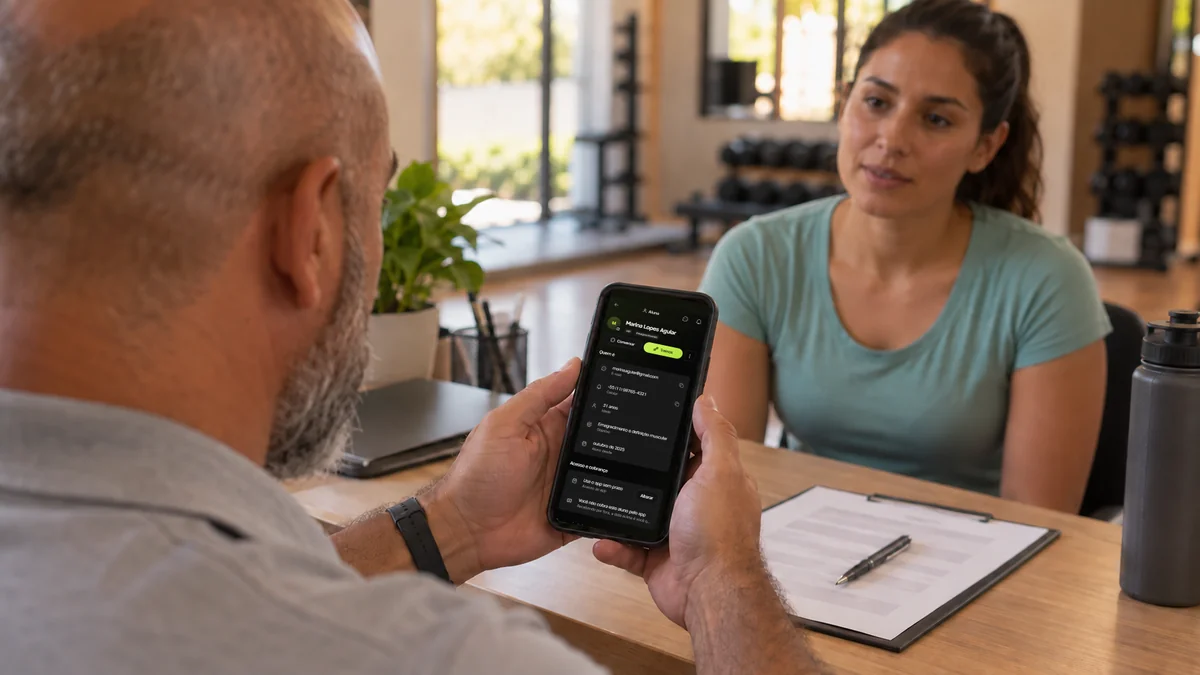 Personal trainer consulta no celular a ficha da nova aluna na Welltrainer durante a primeira conversa, com a anamnese na prancheta