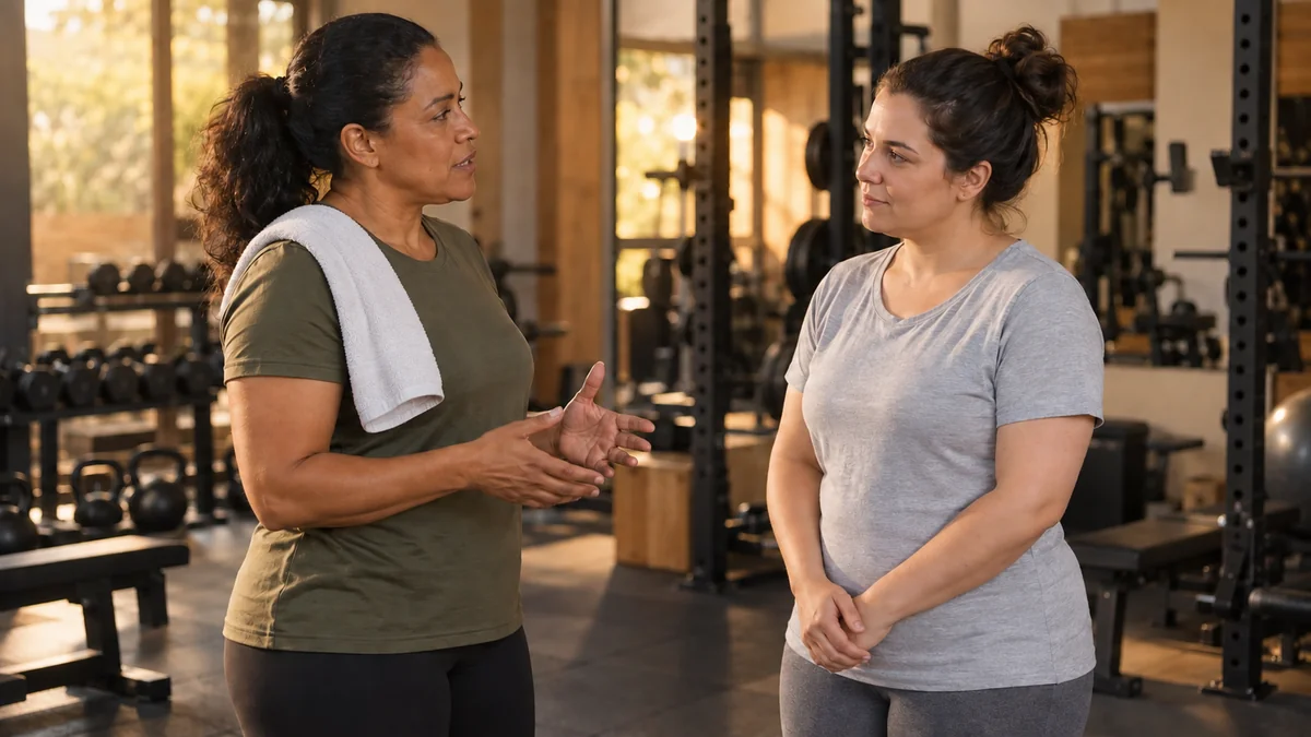 No fim do treino, a personal trainer conversa de forma direta e tranquila com a aluna sobre o reajuste do valor