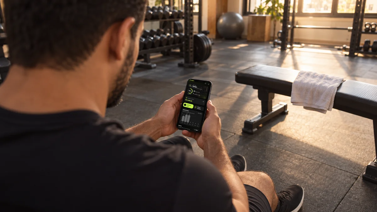 Personal trainer sentado na academia vazia confere no app da Welltrainer o engajamento e quantos alunos abriram o app na semana, ao lado do banco do aluno que não veio